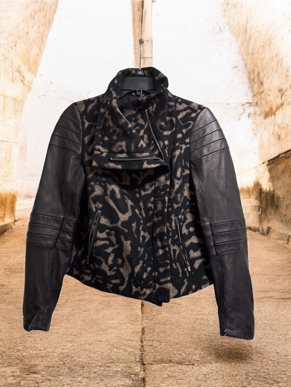 Diane Von Furstenberg Black and Brown Leopard Leather Sleeve Moto Jacket